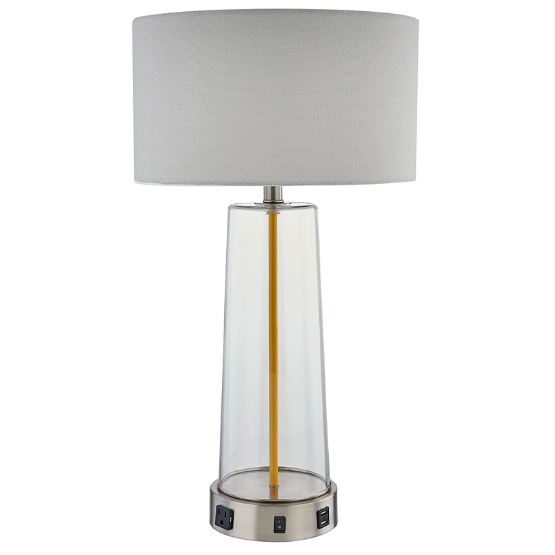 Hotelowa szklana lampa stołowa z przełącznikiem rockera on/off, wygodnym punktem sprzedaży i portem ładowania USB w hotelowym pokoju gościowym